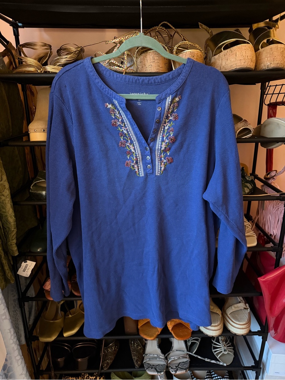 Woman Within Blue Embroidered Henley Long Sleeve Top